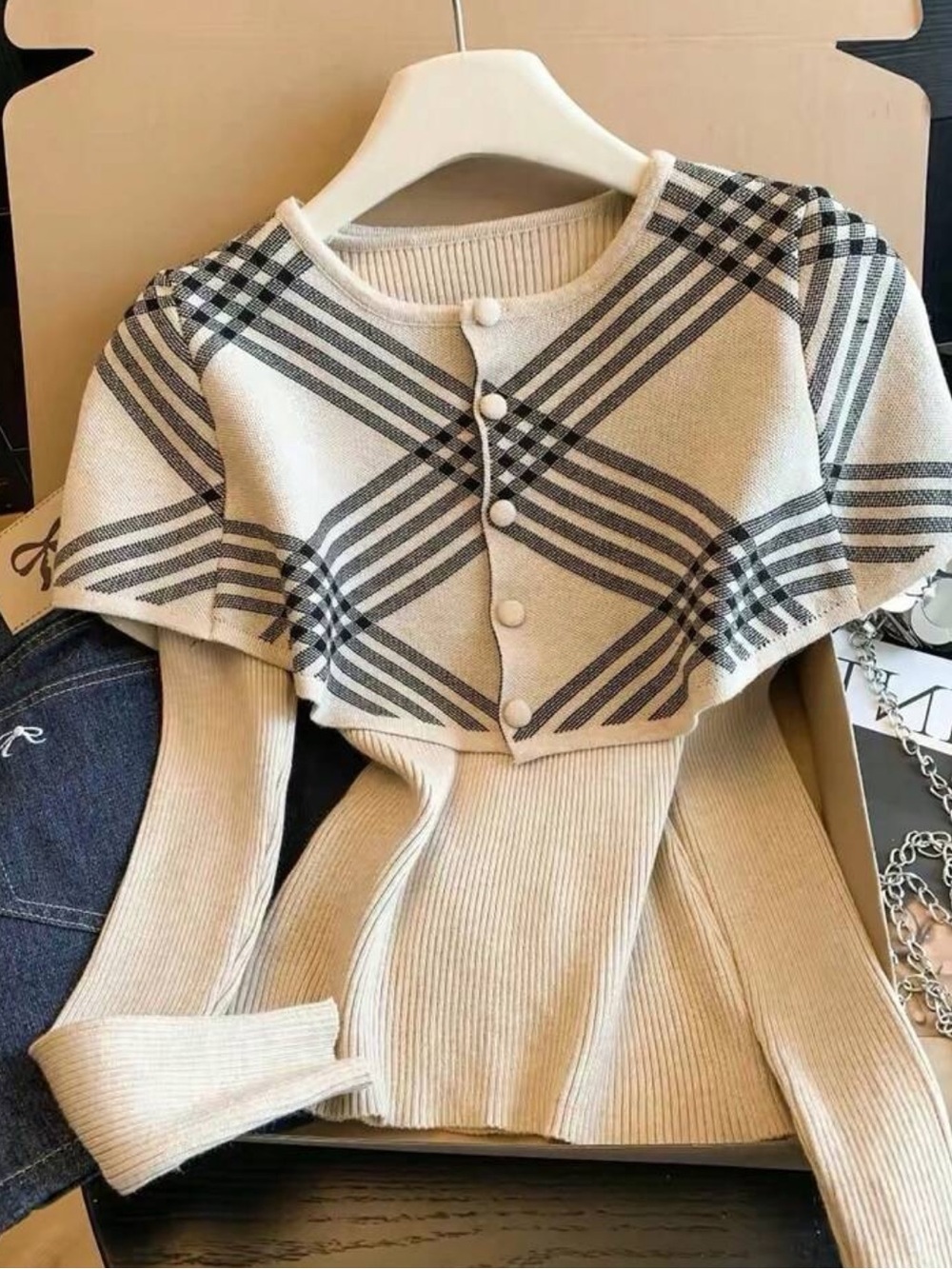Women's Patchwork Plaid 2 In 1 Long Sleeve Elegant Sweater,Fall/Winter